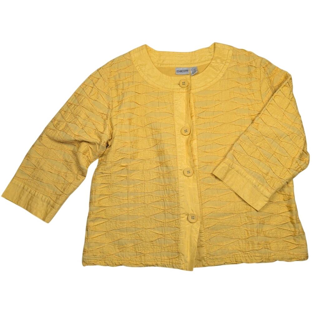 Chicos Yellow Textured Grid Cardigan Jacket 3/4 Sleeve Open Front Size 3 XL 16